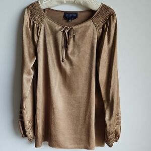 Jones New York Gold Smocked Tie Front Blouse